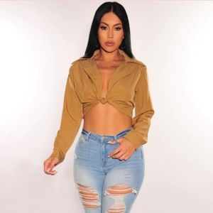 MOCHA COLLARED LONG SLEEVES KNOTTED CROP